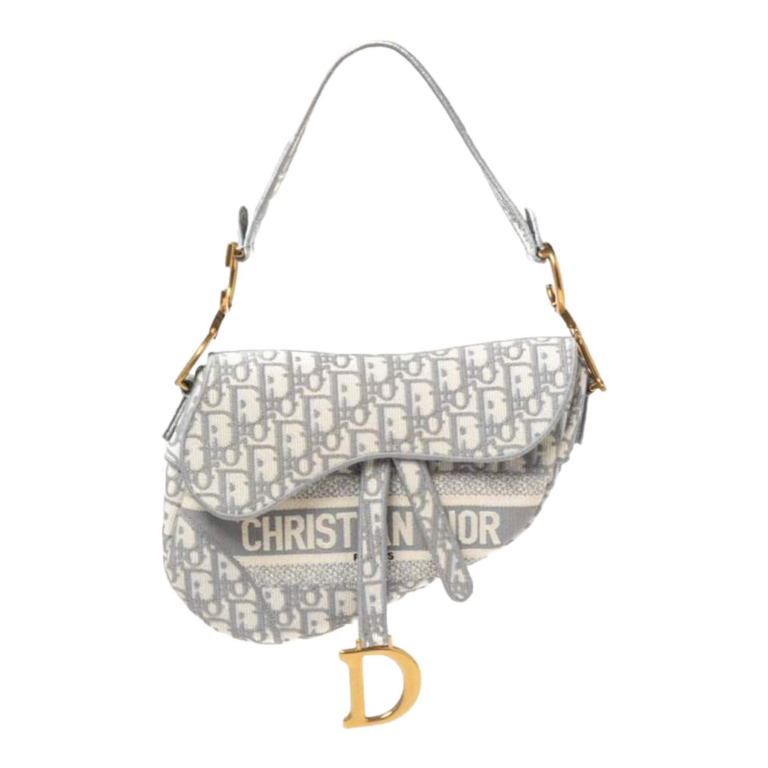 Dior Grey/White Oblique Embroidered Canvas Saddle Bag