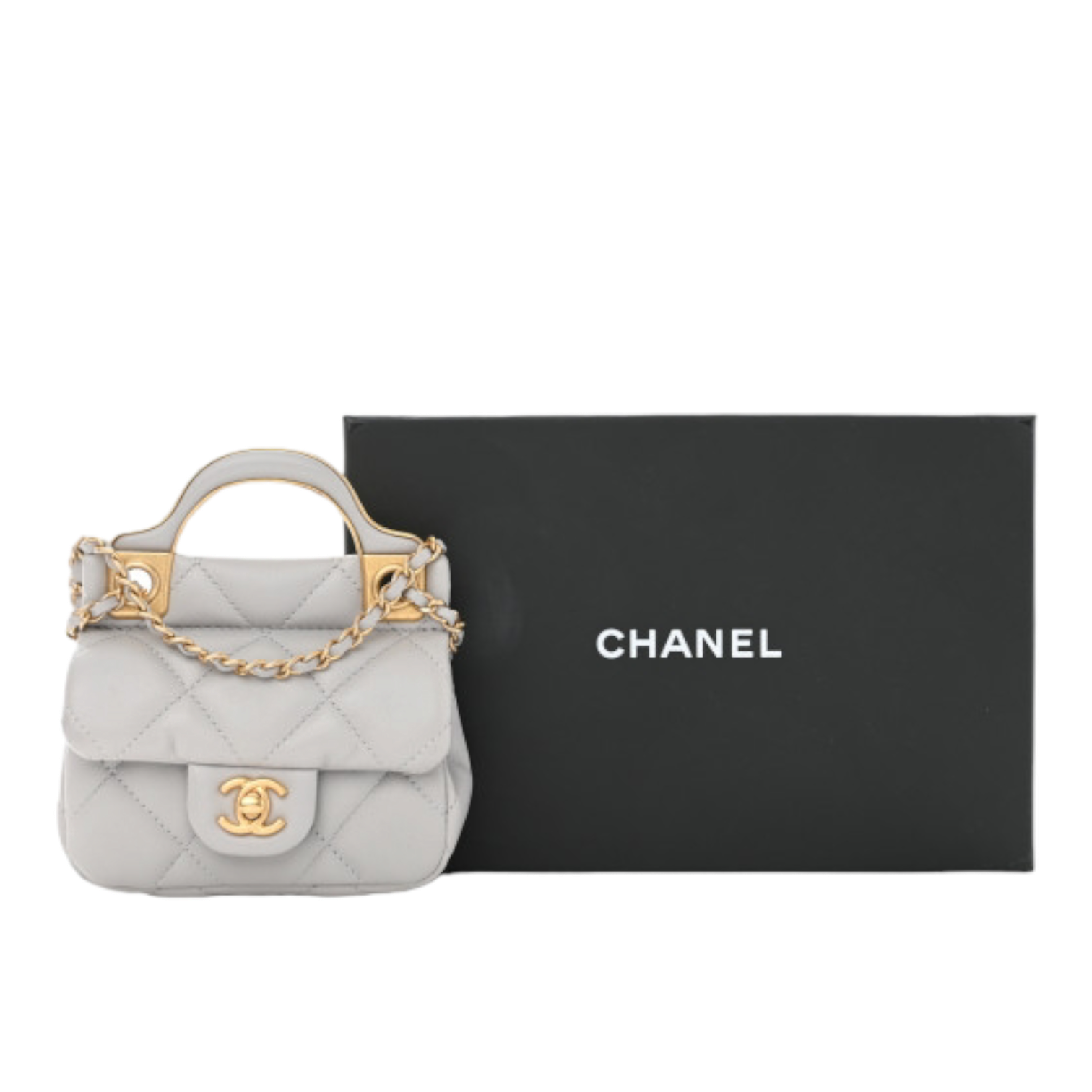 Chanel Calfskin Quilted Lady Handle Flap Card Holder With Chain Grey