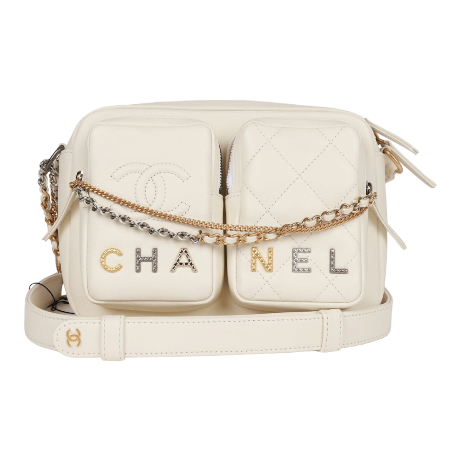 Chanel Small Camera Bag White Calfskin Mixed Metal Hardware