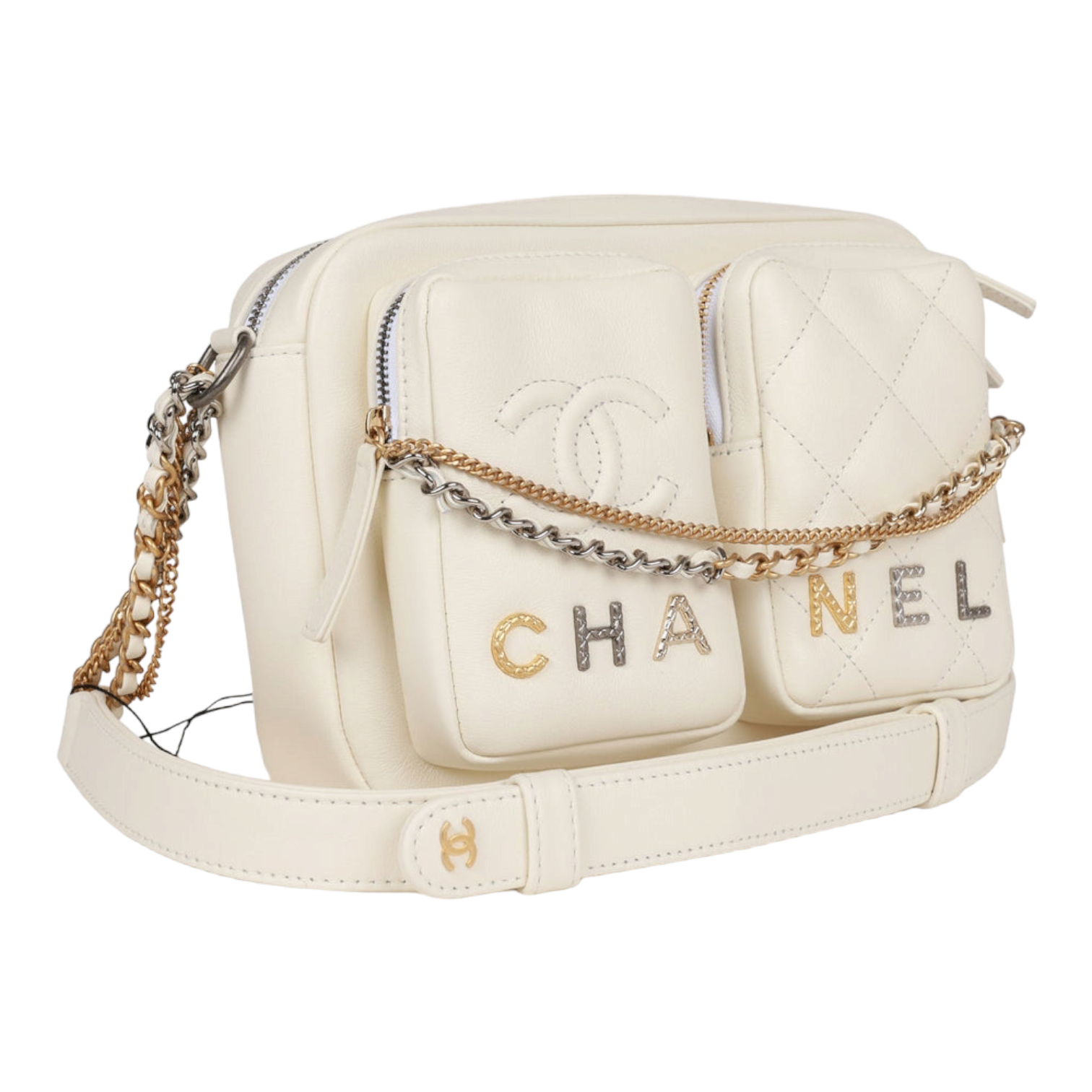 Chanel Small Camera Bag White Calfskin Mixed Metal Hardware