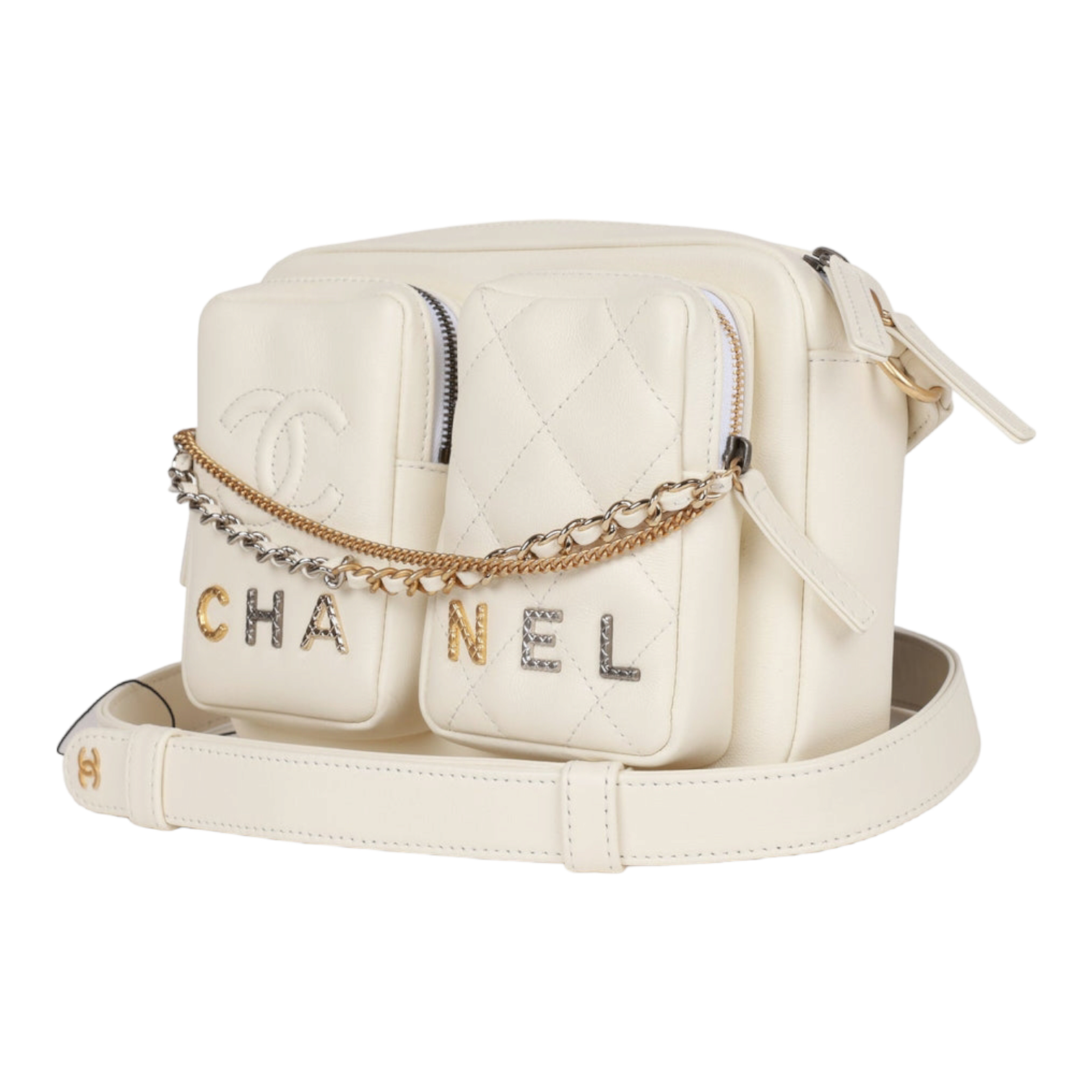 Chanel Small Camera Bag White Calfskin Mixed Metal Hardware