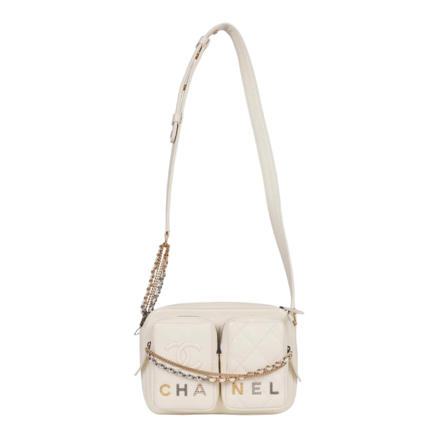 Chanel Small Camera Bag White Calfskin Mixed Metal Hardware