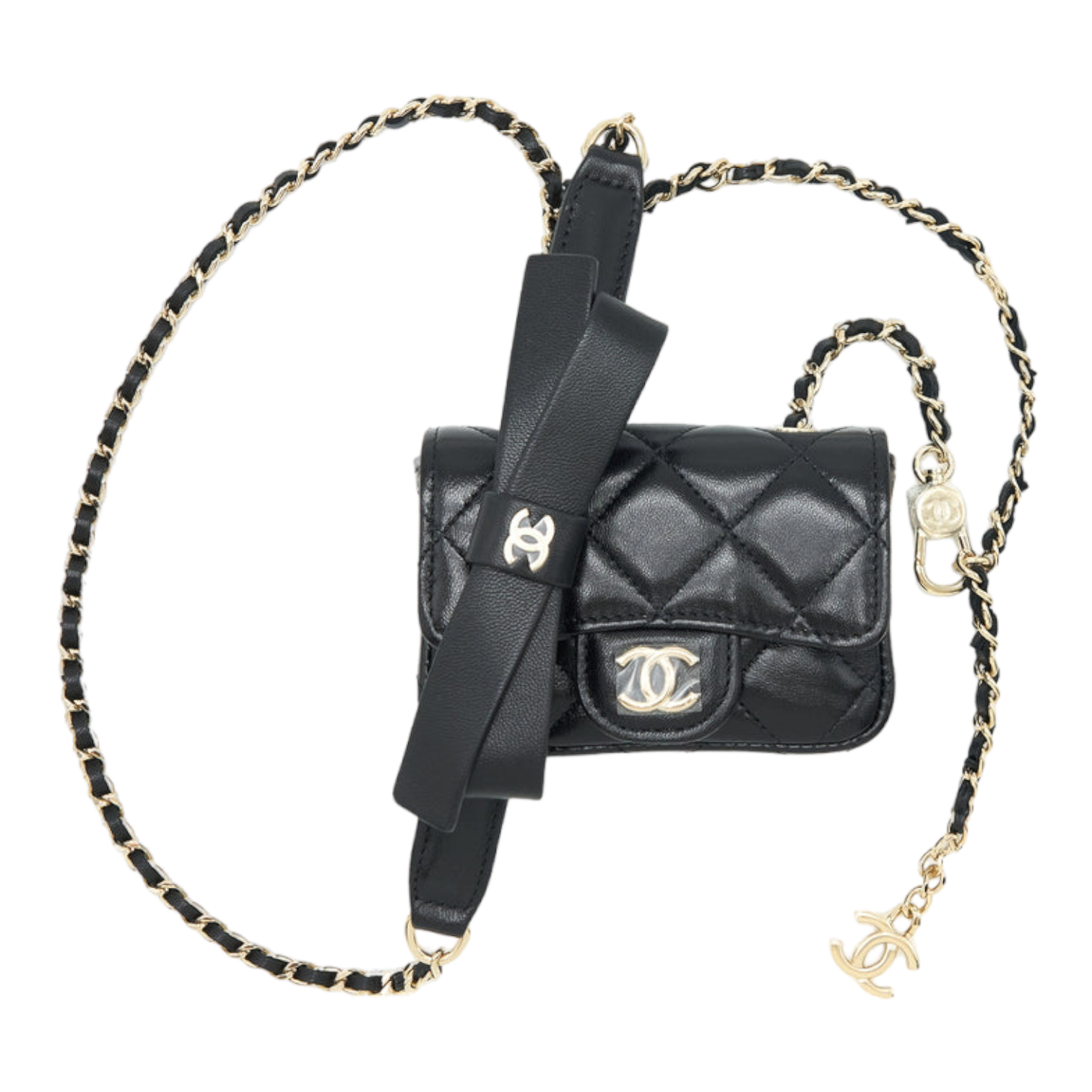 Chanel Mini Flap Belt Bag With Ribbon Lambskin Black Lghw