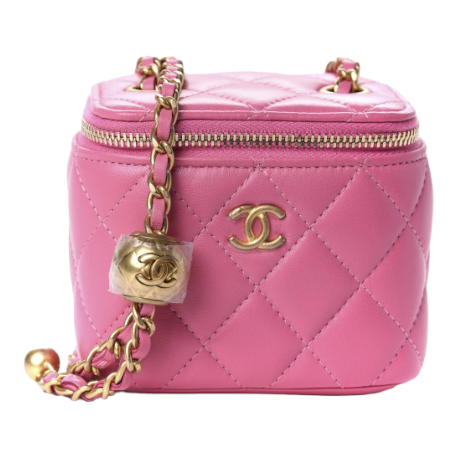 Chanel Lambskin Quilted Pearl Crush Mini Vanity Case With Chain Pink