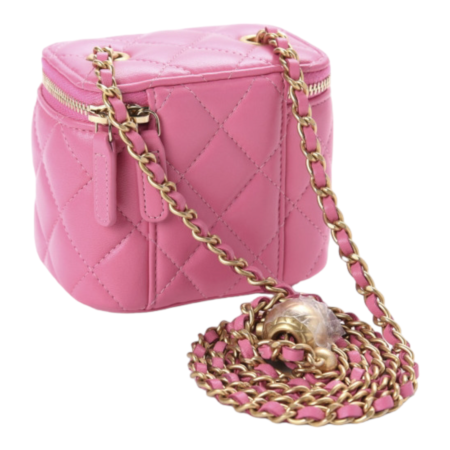 Chanel Lambskin Quilted Pearl Crush Mini Vanity Case With Chain Pink