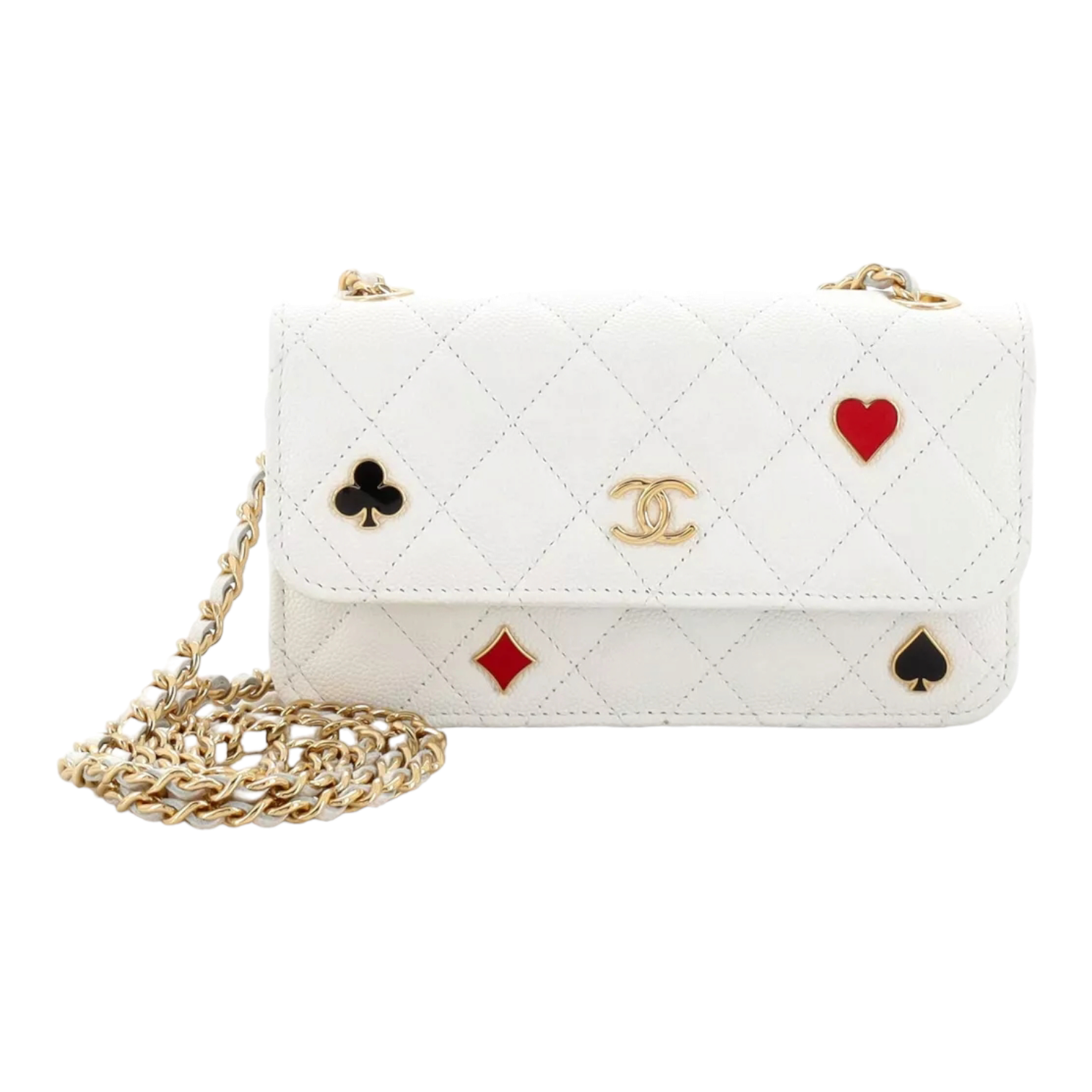 Chanel Coco Casino Flap Phone Holder with Chain Quilted Caviar White