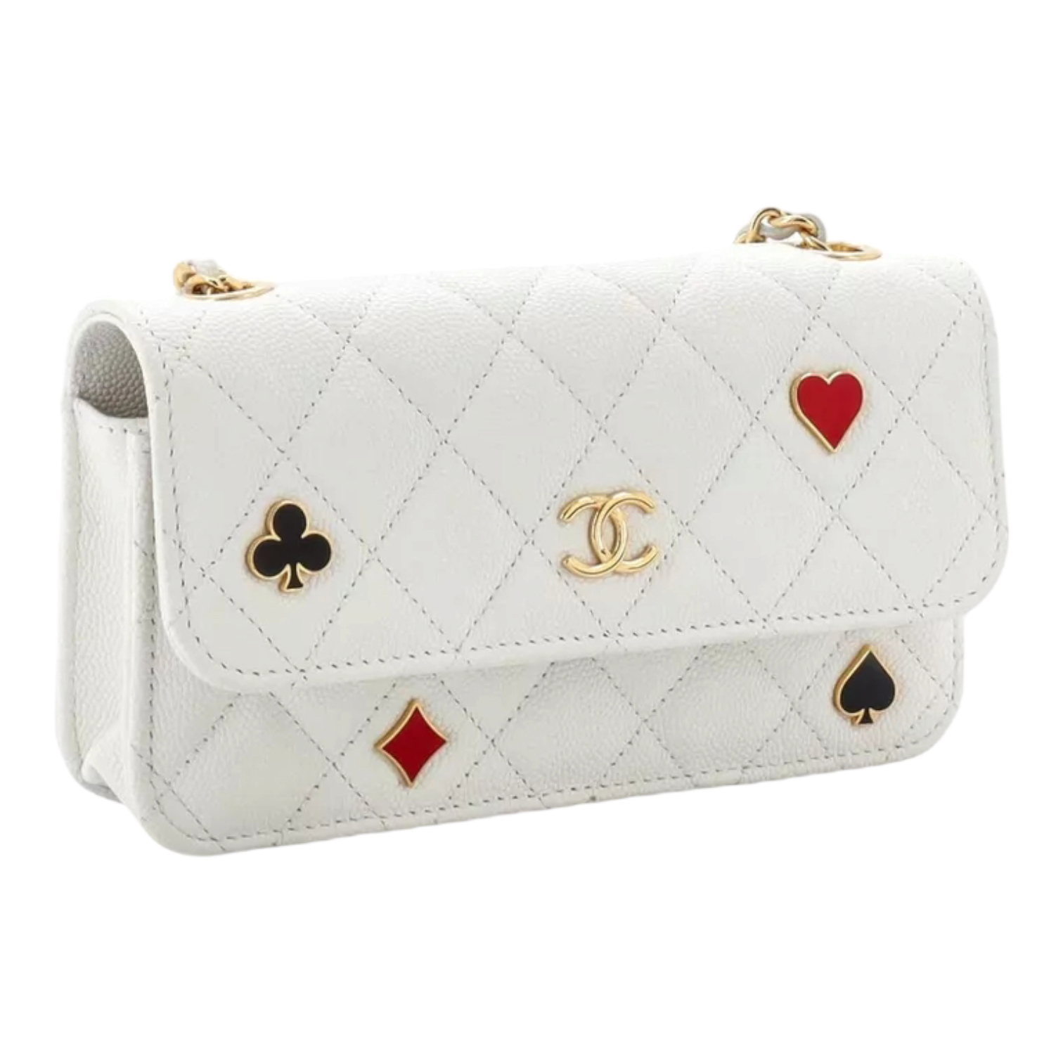 Chanel Coco Casino Flap Phone Holder with Chain Quilted Caviar White