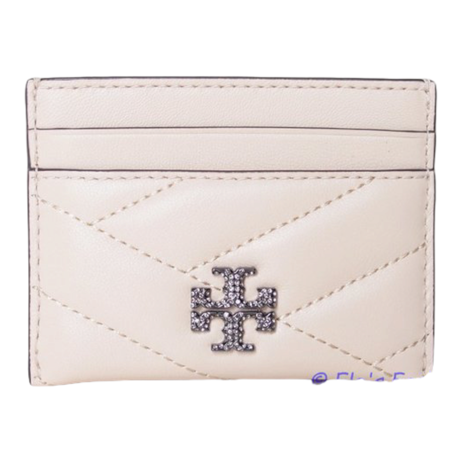 Tory Burch Kira Chevron Leather Card Case Pave Crystal Logo