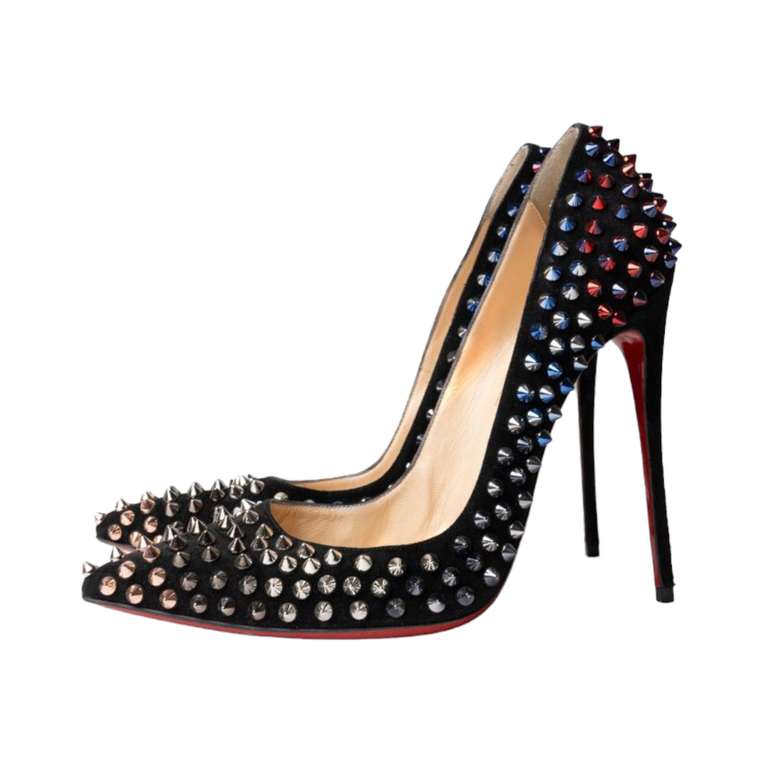 Christian Louboutin Black Suede Follies Spikes Pointed Toe Pumps