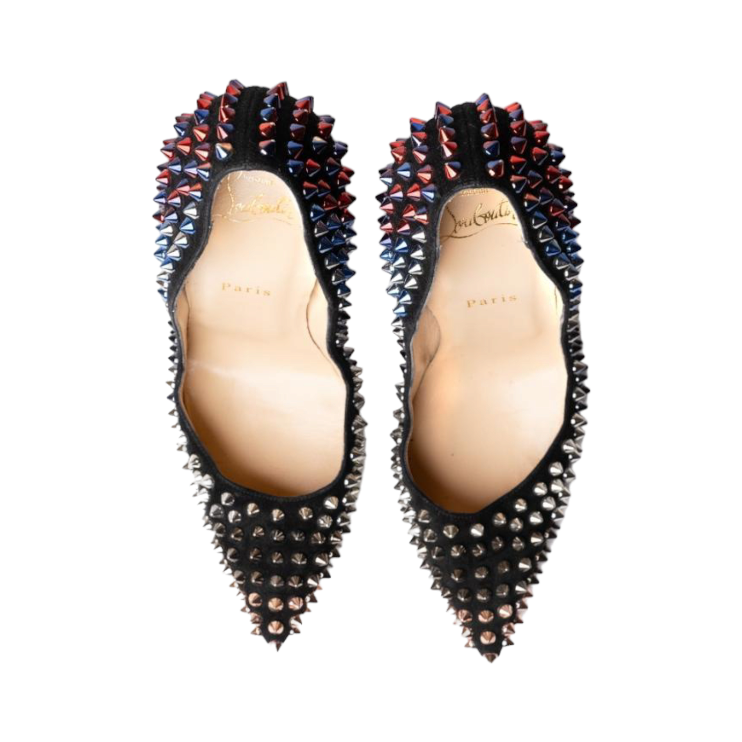 Christian Louboutin Black Suede Follies Spikes Pointed Toe Pumps