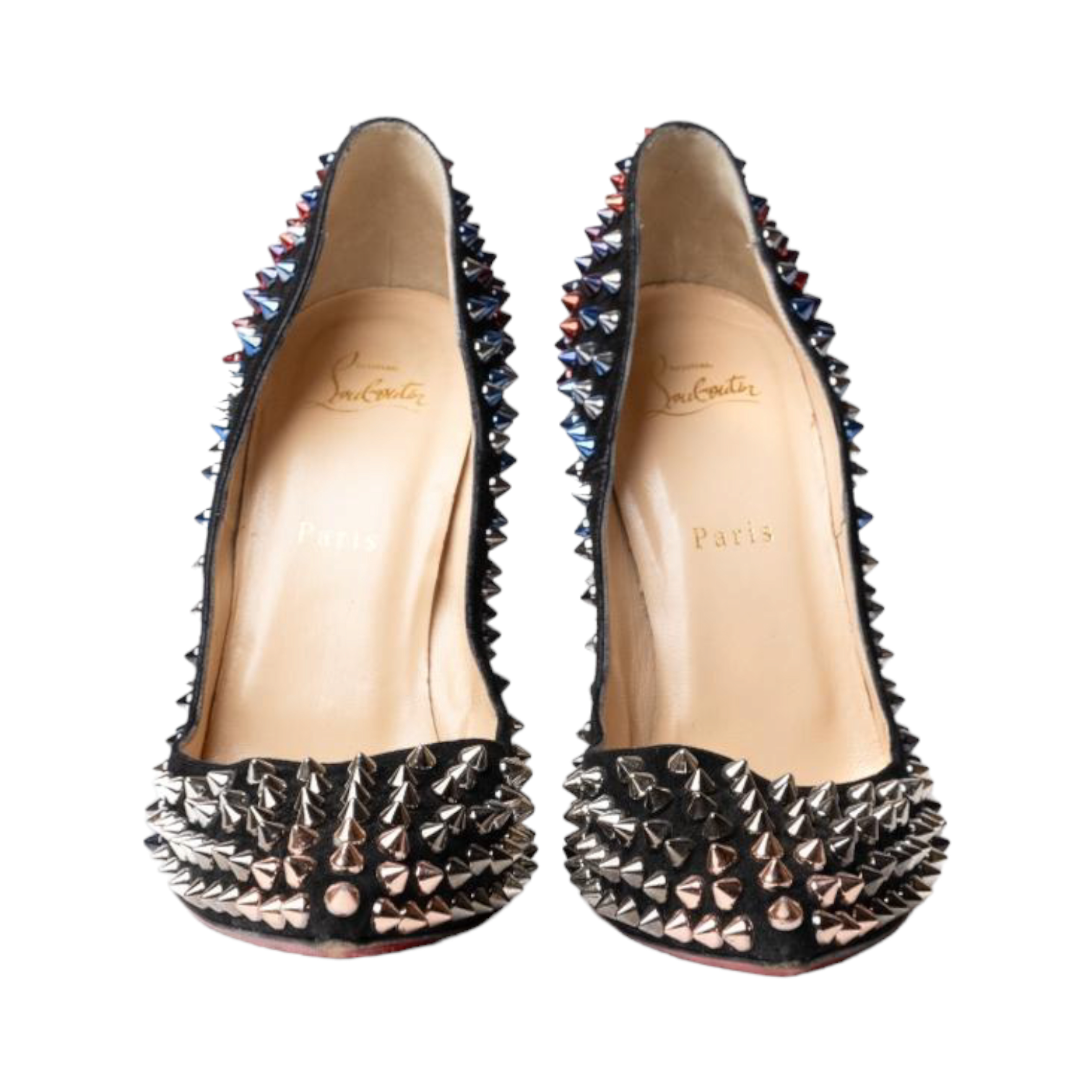 Christian Louboutin Black Suede Follies Spikes Pointed Toe Pumps